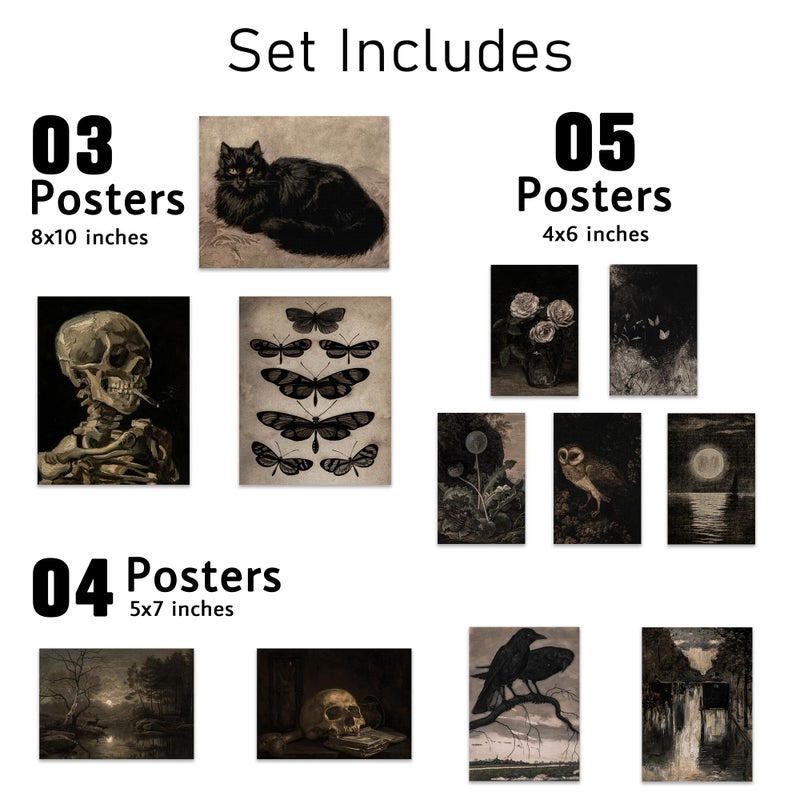KONGSY Gothic Victorian Grunge Wall Art Prints - Set of 12 Unframed | Dark Moody Aesthetic Pictures, Creepy Goth Posters, Vintage Gothic Paintings for Home, Bedroom, Dorm Decor Decorations - Image 2