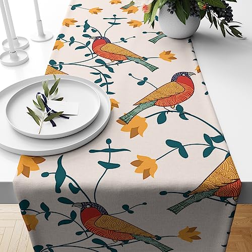 Astitva Cotton Table Runner – 13 x 45 Inches | 4-Seater Washable Dining Table, Centre Table, Wedding & Party Decor - Birds Land Print, Multicolor - Image 1