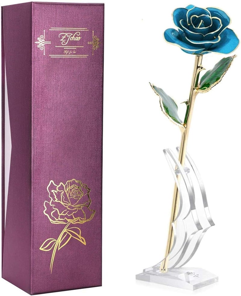 klarako 24K Blue Rose for Her, Dipped Gold Rose Eternity Love Real Golden Plated Preserved Forever Flower with Rose Stand Present for Wife/Girlfriend/Friend (Blue) - Image 1