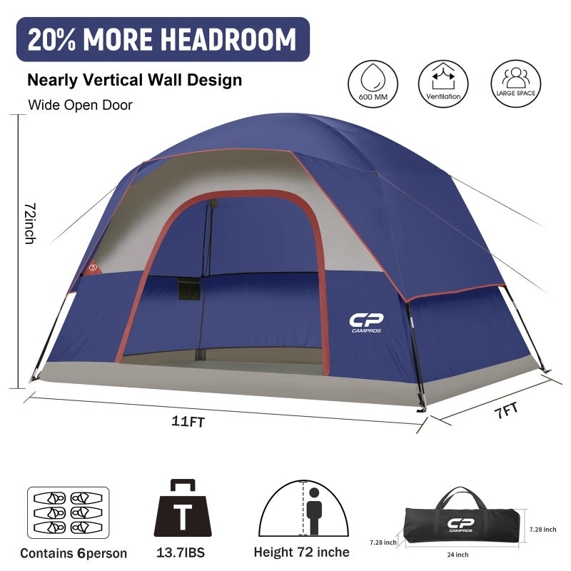 CAMPROS CP Tents for Camping 6 Person Tent Waterproof Windproof Double Layer Family Camping Tent, Easy Setup Dome Tent with Large Mesh Windows & Wider Door for Outdoor Camping & Hiking - Image 2