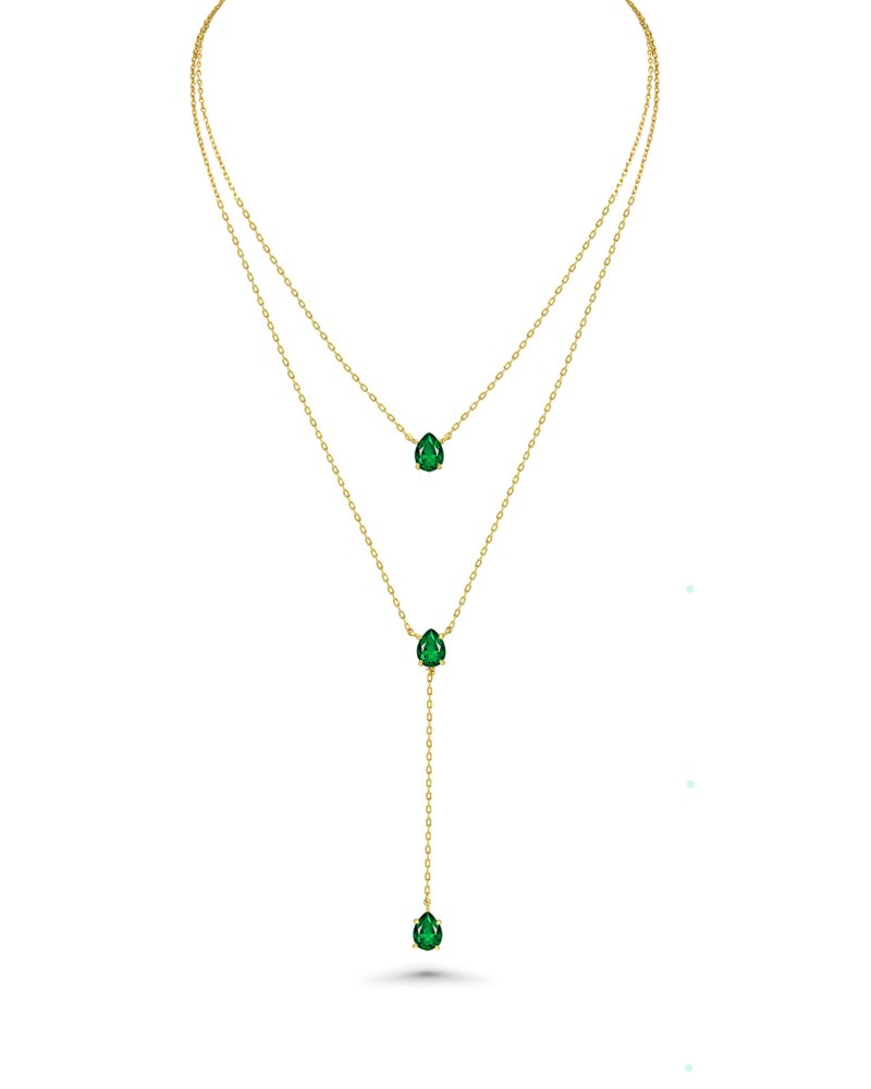 SNGIA Long 18K Gold Plated Blue Green Red Layered Pendant Necklace For Women (Emerald, Ruby, Seafoam, Sky, Sapphire, Pink), Dainty Birthstone Necklace, Statement Necklace Jewelry Gifts, Y-Shaped Pendant Necklace. - Image 1