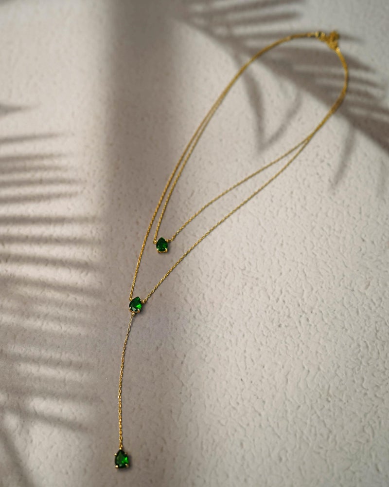SNGIA Long 18K Gold Plated Blue Green Red Layered Pendant Necklace For Women (Emerald, Ruby, Seafoam, Sky, Sapphire, Pink), Dainty Birthstone Necklace, Statement Necklace Jewelry Gifts, Y-Shaped Pendant Necklace. - Image 4