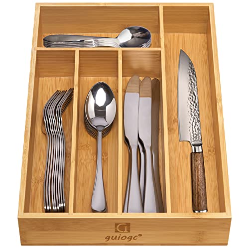 guiogc Kitchen Bamboo Silverware Drawer Organizer，Silverware Organizer and Cutlery Tray with Grooved Drawer Dividers for Silverware, Knives in Kitchen, Bedroom (5 Slot-Natural) - Image 4
