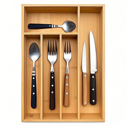 guiogc Kitchen Bamboo Silverware Drawer Organizer，Silverware Organizer and Cutlery Tray with Grooved Drawer Dividers for Silverware, Knives in Kitchen, Bedroom (5 Slot-Natural) - Image 1