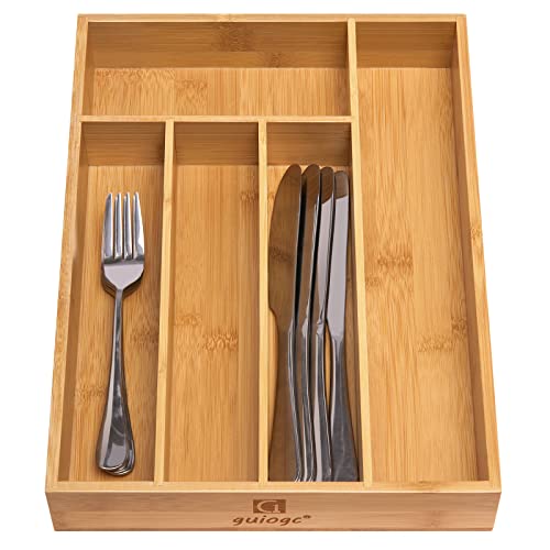 guiogc Kitchen Bamboo Silverware Drawer Organizer，Silverware Organizer and Cutlery Tray with Grooved Drawer Dividers for Silverware, Knives in Kitchen, Bedroom (5 Slot-Natural) - Image 3