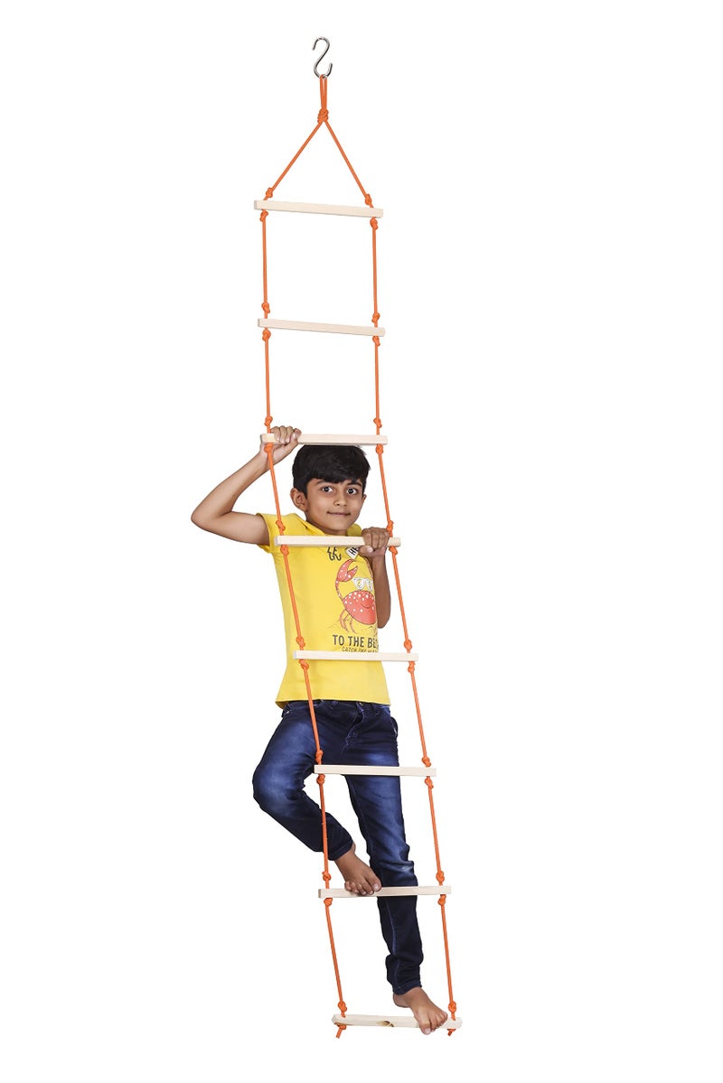 Sprointal Kids Rope Ladder | 8-Step Wooden Climbing Ladder | Orange | 7.5ft | Ages 4-10 - Image 2