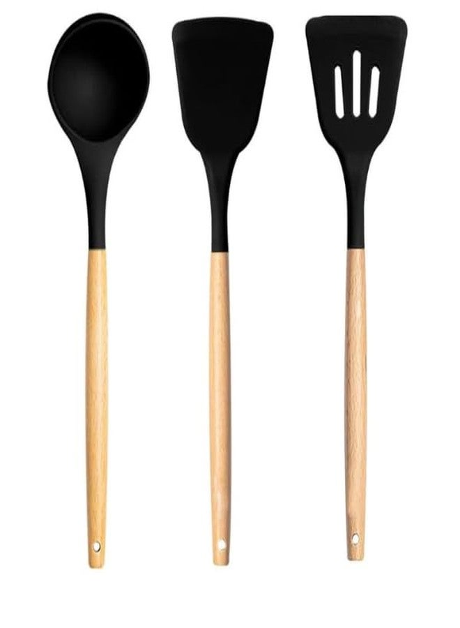 ESLORA Silicone Spatula Set – Non-Stick, Heat-Resistant Spatulas for Cooking & Baking – Flexible, BPA-Free, Easy to Clean – Wooden Handle for Comfort, Set of 3 (Black) - Image 1