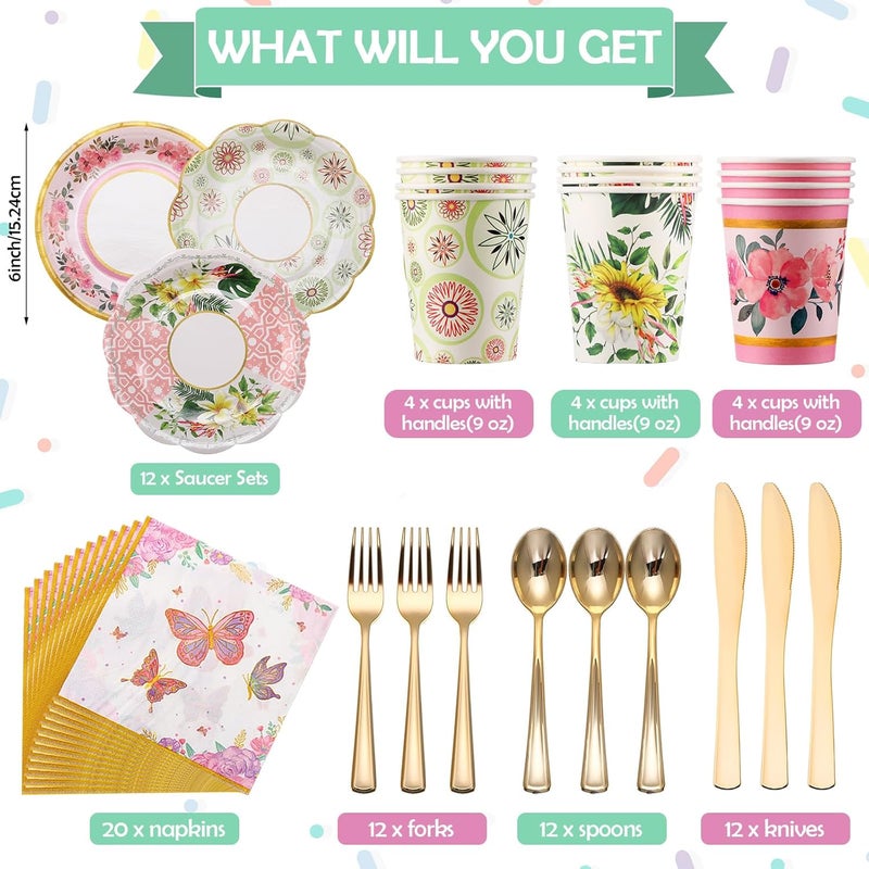 Layhit مجموعة حفلة شاي زهور من 83 قطعة تشمل 12 مجموعة من أكواب ورقية زهرية سعة 9 أونص وصحون ومناشف وحامل كعكة من 3 طبقات وصينية تقديم أدوات مائدة قابلة للتصرف لعيد ميلاد الفتيات - Image 3