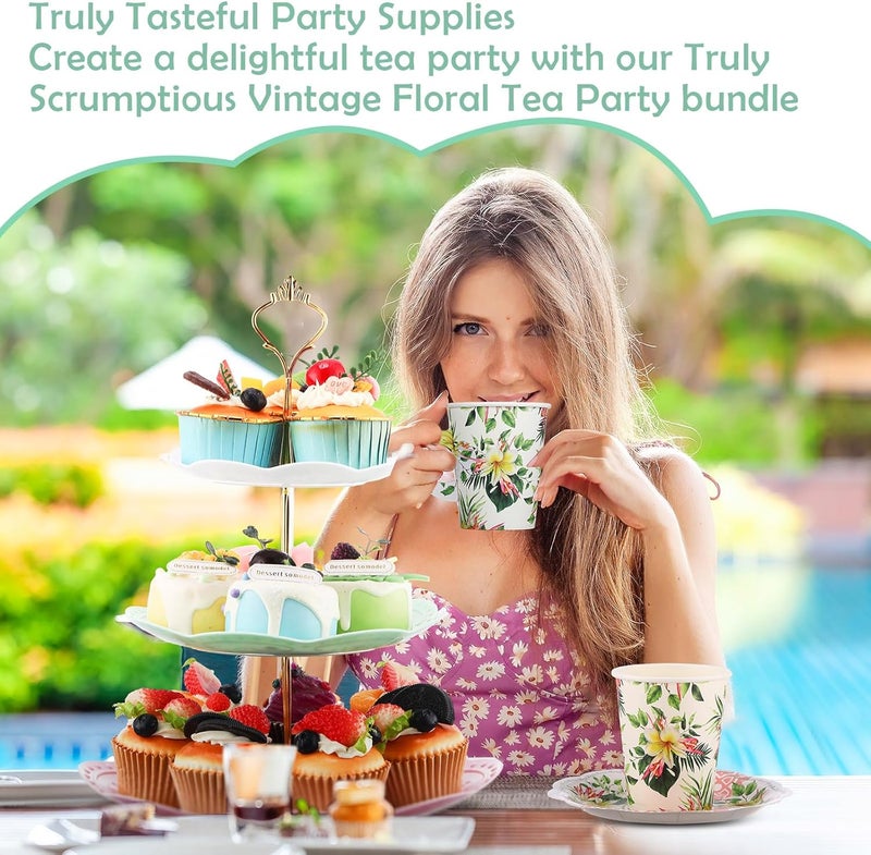 Layhit مجموعة حفلة شاي زهور من 83 قطعة تشمل 12 مجموعة من أكواب ورقية زهرية سعة 9 أونص وصحون ومناشف وحامل كعكة من 3 طبقات وصينية تقديم أدوات مائدة قابلة للتصرف لعيد ميلاد الفتيات - Image 5