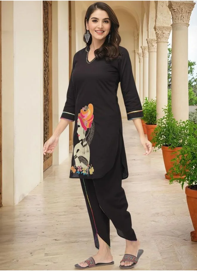 ISHIN Elastic Women Black Cotton Kurta Set with Embroidered pattern Tunic and Palazzo features a Round neckline and Three-Fourth Sleeve secured with Elastic closure and styled in Straight Fit ideal for Festive moments — a must-have for your statement wardrobe.