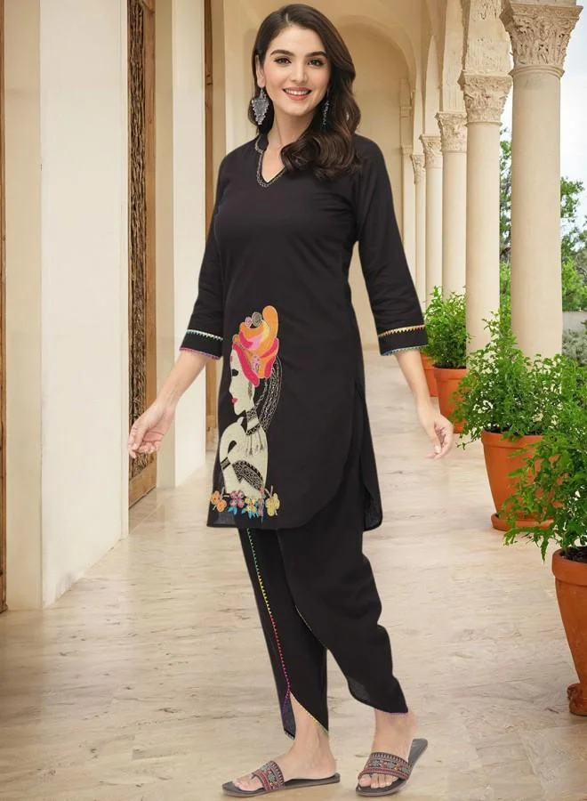 آي شين Women's Black 100% Cotton Embroidered Tunic Full Length Palazzo Straight Fit Kurta Set