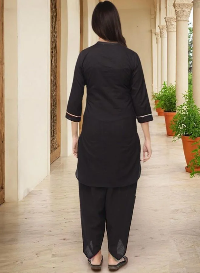 آي شين Women's Black 100% Cotton Embroidered Tunic Full Length Palazzo Straight Fit Kurta Set