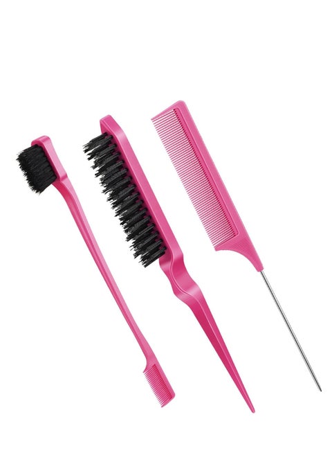 CARE AND SMILE 3 Pcs Slick Back Hair Brush Set Bristle Hair Brush Edge Control Brush Teasing Comb for Women Baby Kids' Black Hair