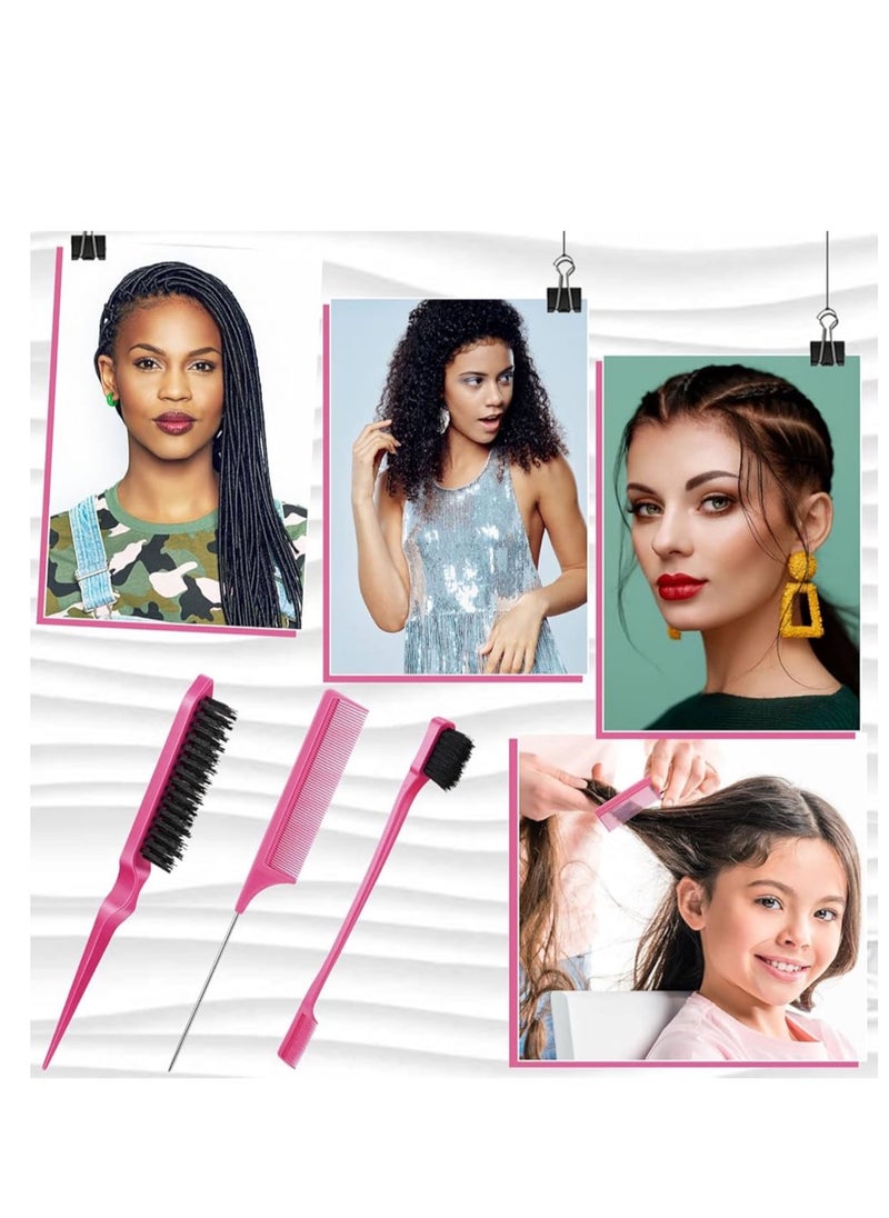 CARE AND SMILE - CARE AND SMILE 3 Pcs Slick Back Hair Brush Set Bristle Hair Brush Edge Control Brush Teasing Comb for Women Baby Kids' Black Hair - Image 1