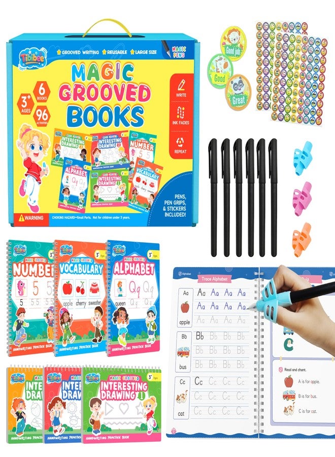 Tibibee Magic Grooved Writing Practice for Kids Ages 3-8, Reusable Handwriting Workbooks with Deep Tracing Grooves - Letters, Numbers, Math & Drawing - Disappearing Ink Pens & Grips - Great Gifts for Kids - Image 1