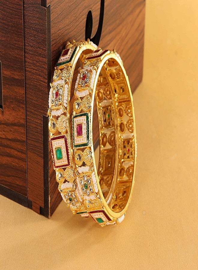 NMII Gold Metal Bangles Rajwadi Style Kangan Set For Women & Girls With Zircon Diamond & Pearls | Traditional Girl's Bangles Bracelet | New Kada For Women Trendy | Wedding, Party, Daily- (MAH132-2.4) - Image 2