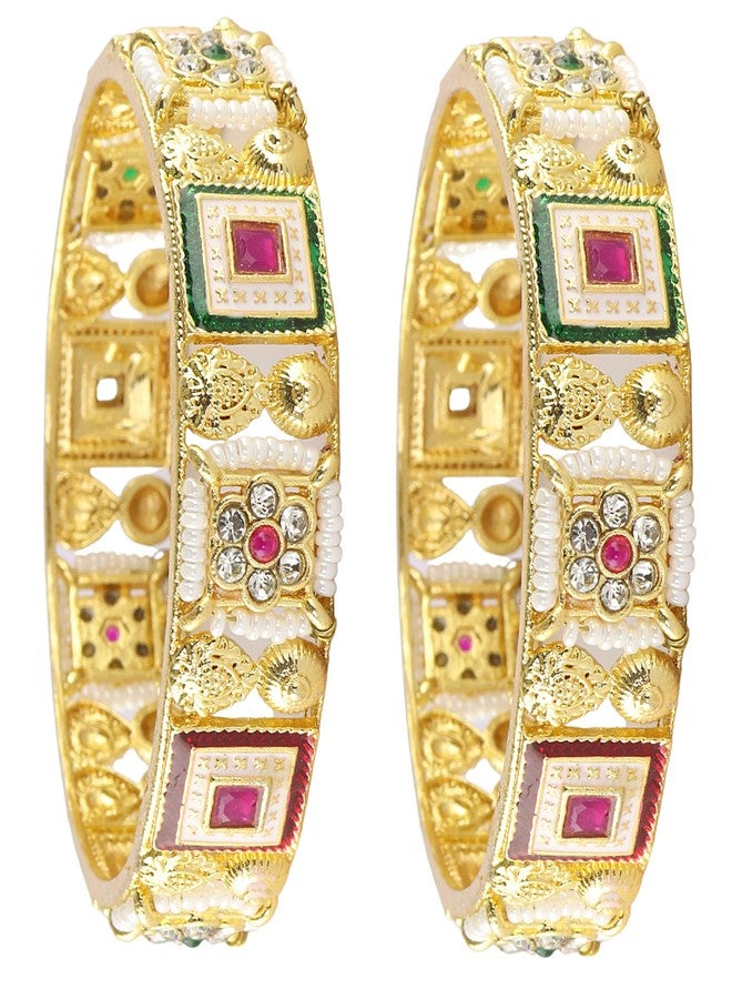 NMII Gold Metal Bangles Rajwadi Style Kangan Set For Women & Girls With Zircon Diamond & Pearls | Traditional Girl's Bangles Bracelet | New Kada For Women Trendy | Wedding, Party, Daily- (MAH132-2.4) - Image 1