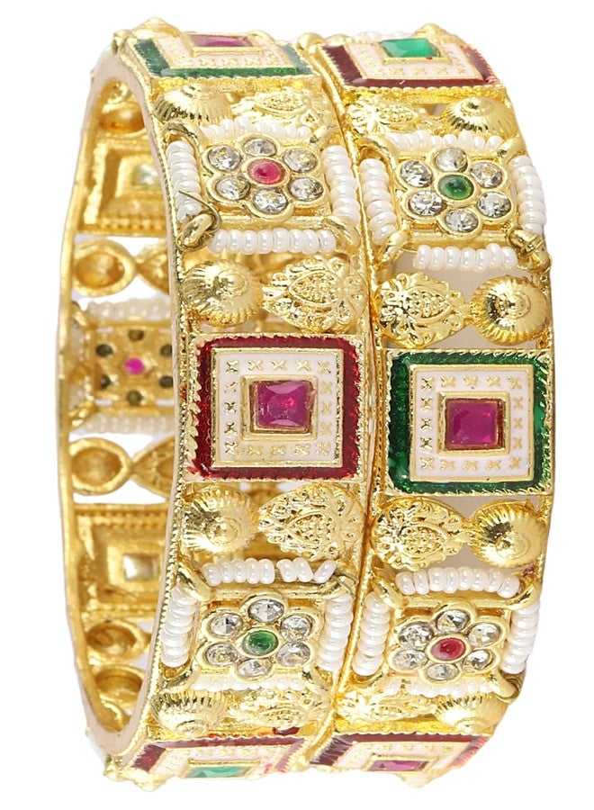 NMII Gold Metal Bangles Rajwadi Style Kangan Set For Women & Girls With Zircon Diamond & Pearls | Traditional Girl's Bangles Bracelet | New Kada For Women Trendy | Wedding, Party, Daily- (MAH132-2.4) - Image 5