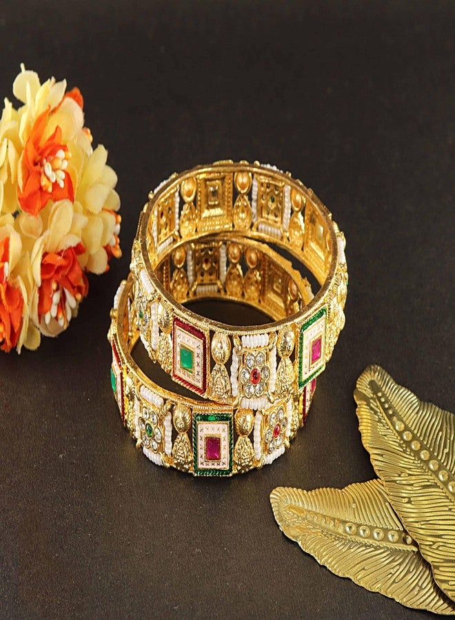 NMII Gold Metal Bangles Rajwadi Style Kangan Set For Women & Girls With Zircon Diamond & Pearls | Traditional Girl's Bangles Bracelet | New Kada For Women Trendy | Wedding, Party, Daily- (MAH132-2.4) - Image 4