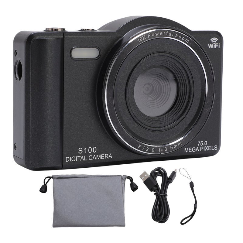 4K Digital Camera 75MP WiFi Vlog Camera with 16X Digital Zoom Built in Flash Dual Lens Selfie Auto Focus Camera for Travel Photography Black 64GB - Image 1