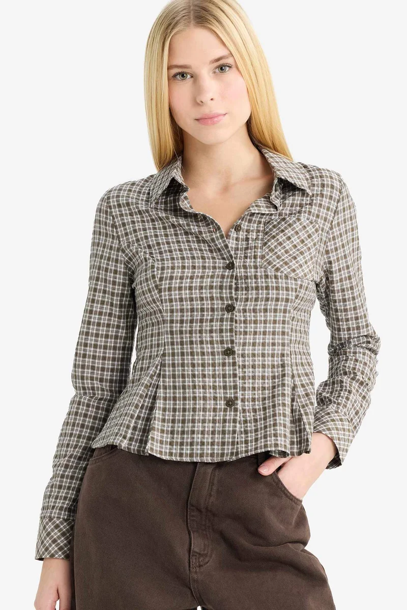 ديفاكتو Fitted Checked Poplin Long Sleeve Shirt