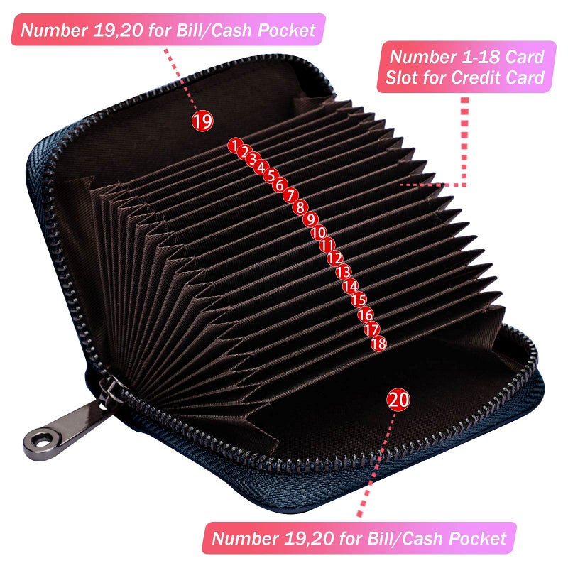 Linno RFID 20 Slots Credit Card Holder Genuine Leather Small Wallet for Women or Men with Zipper - Image 2