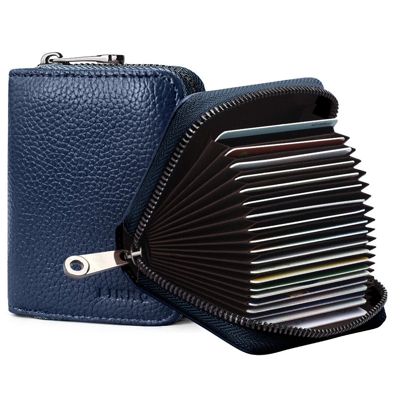 Linno RFID 20 Slots Credit Card Holder Genuine Leather Small Wallet for Women or Men with Zipper - Image 1