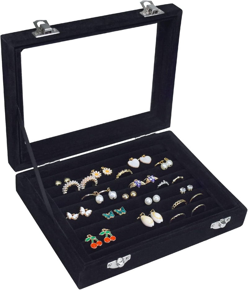 Vicoter Rings Organizer Tray 7 Slots Velvet Jewelry Earring Storage Box with Transparent lid Jewelry Display Case for Girls Wife Mom Women (Black) - Image 1