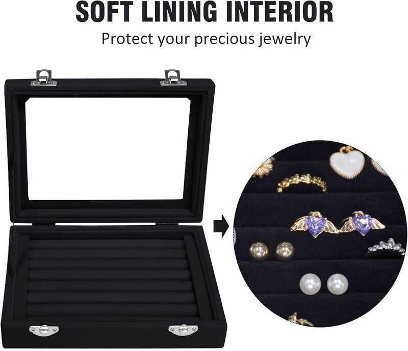 Vicoter Rings Organizer Tray 7 Slots Velvet Jewelry Earring Storage Box with Transparent lid Jewelry Display Case for Girls Wife Mom Women (Black) - Image 3