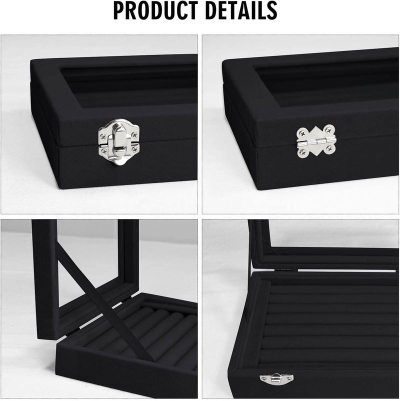 Vicoter Rings Organizer Tray 7 Slots Velvet Jewelry Earring Storage Box with Transparent lid Jewelry Display Case for Girls Wife Mom Women (Black) - Image 4