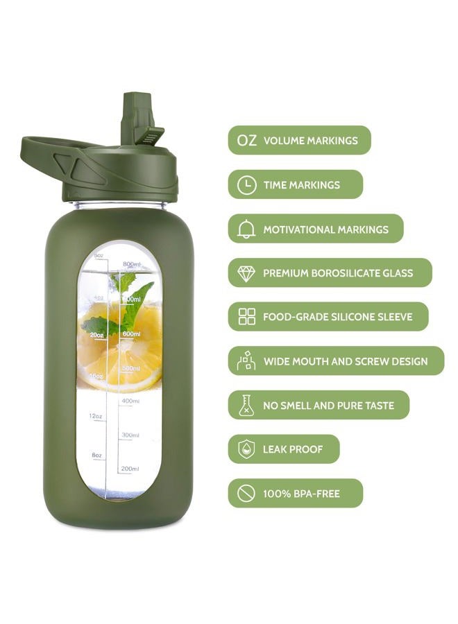 CIVAGO Half Gallon Glass Water Bottle with Straw and Insulated Bottle Holder Sling, 64 oz Motivational Water jug with Time Marker and Silicone Sleeve, Water Flask with 2 Lids, Sage - Image 4
