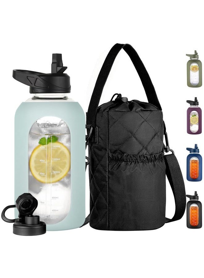 CIVAGO Half Gallon Glass Water Bottle with Straw and Insulated Bottle Holder Sling, 64 oz Motivational Water jug with Time Marker and Silicone Sleeve, Water Flask with 2 Lids, Sage - Image 1