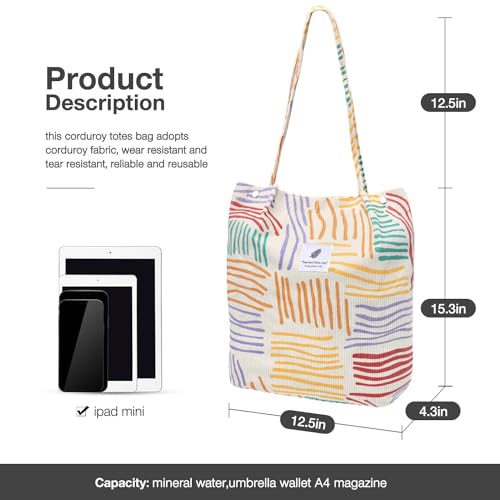 LHMTQVK Corduroy Tote Bags for Women, Large Capacity Corduroy Bag Reusable Grocery Shoulder Bag with Inner Pockets(Color stripes) - Image 2