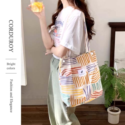LHMTQVK Corduroy Tote Bags for Women, Large Capacity Corduroy Bag Reusable Grocery Shoulder Bag with Inner Pockets(Color stripes) - Image 4