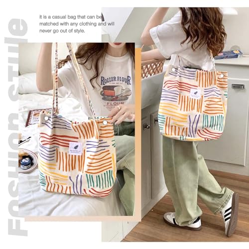LHMTQVK Corduroy Tote Bags for Women, Large Capacity Corduroy Bag Reusable Grocery Shoulder Bag with Inner Pockets(Color stripes) - Image 5