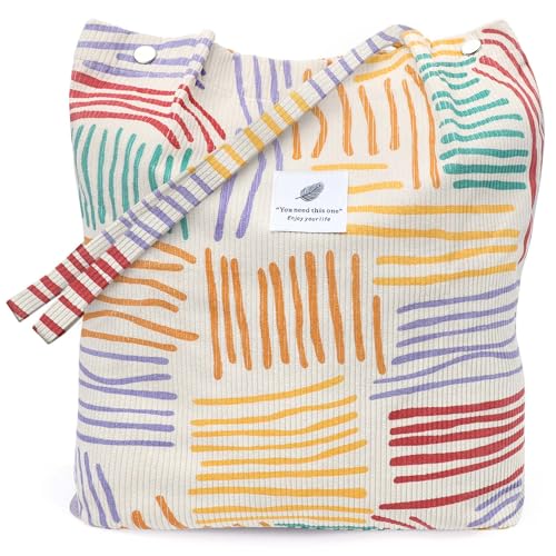 LHMTQVK Corduroy Tote Bags for Women, Large Capacity Corduroy Bag Reusable Grocery Shoulder Bag with Inner Pockets(Color stripes) - Image 1