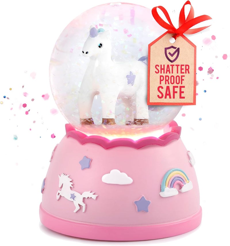 DAUGHTERS LIST Miniature Shatterproof Unicorn Snow Globe - Handpainted Plastic Globe with Lights, Sparkling Glitter Ornament, Gift Idea for Birthday, Christmas, Very Small for Toddlers - Image 1
