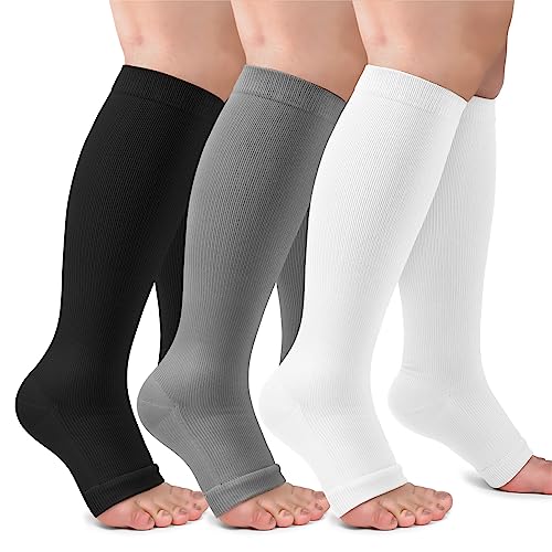CTHH 3 Pack Open Toe Compression Socks for Women & Men, Toeless Knee High Stockings for Circulation Support, Black White Gray Small-Medium - Image 2