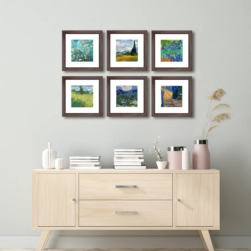 DEKWINN 8x8 Walnut Picture Frame Set of 6 with Real Glass for Pictures 5x5 with Mat or 8x8 Without Mat, Wall or Tabletop Gallery Photo Frames - Image 4