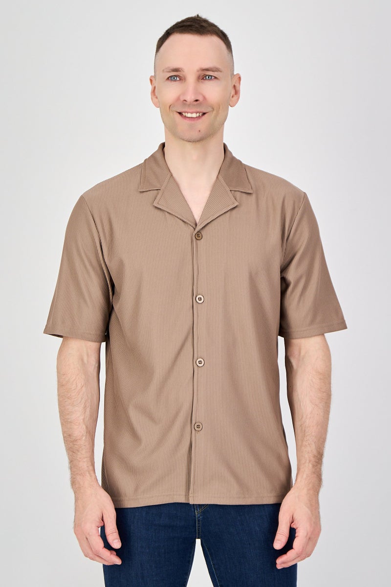 Core Elements Men Regular Fit Textured Short Sleeve Casual Shirt, Taupe - Image 1