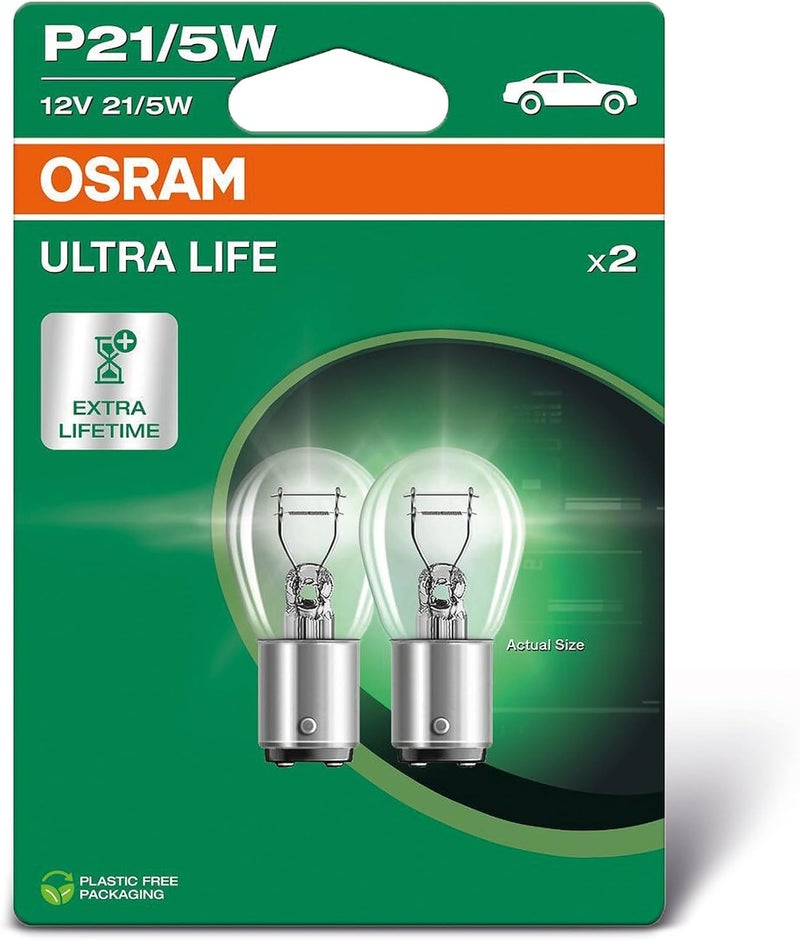 OSRAM Ultra Life P21/5W مصابيح إشارة هالوجين، عبوة بليستر مزدوجة، 2 لمبة