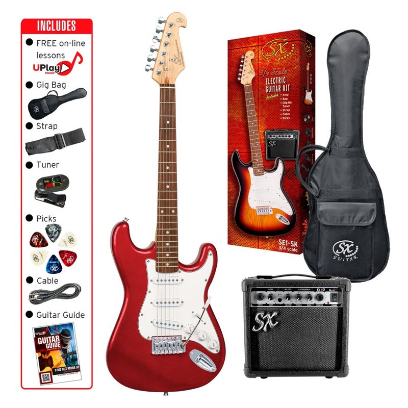 SX Guitar SE1-SK-34-BK Stratocaster 3/4 Electric Package Guitar - Candy Apple Red - Image 1