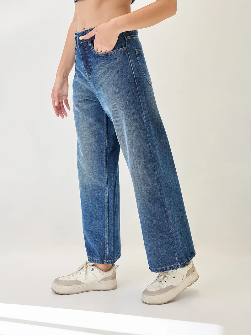 globus Women Cotton Whiskers Effect Mid-Rise Wide Leg Denim Jeans