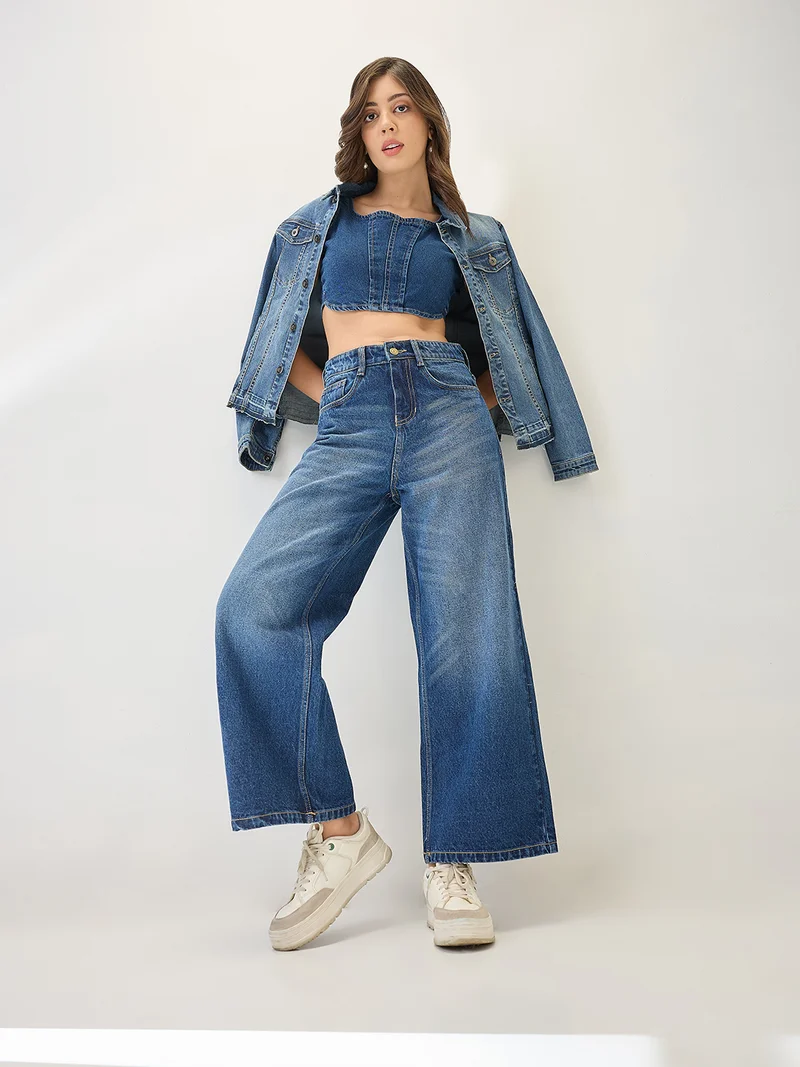 globus Women Cotton Whiskers Effect Mid-Rise Wide Leg Denim Jeans