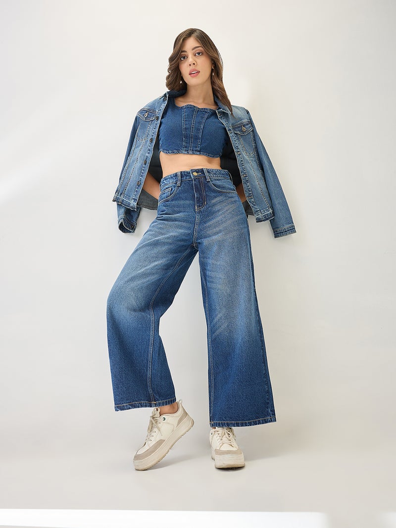 globus Globus Women Cotton Whiskers Effect Mid-Rise Wide Leg Denim Jeans  - Image 1