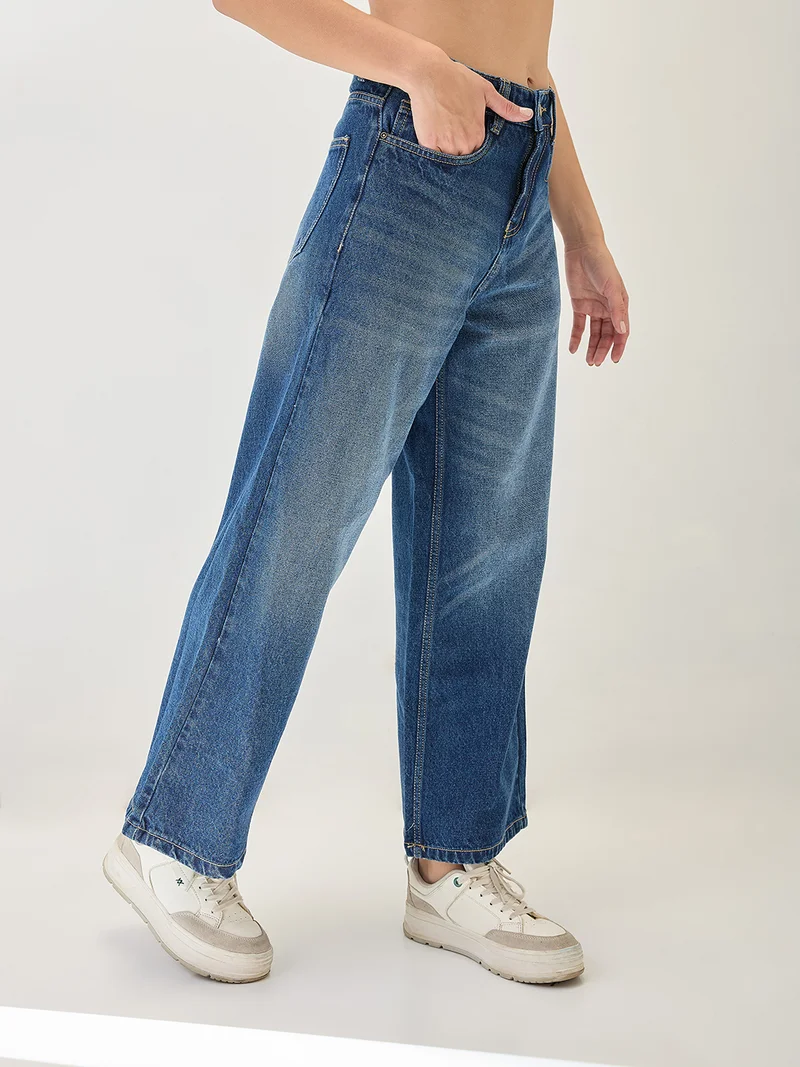 globus Women Cotton Whiskers Effect Mid-Rise Wide Leg Denim Jeans