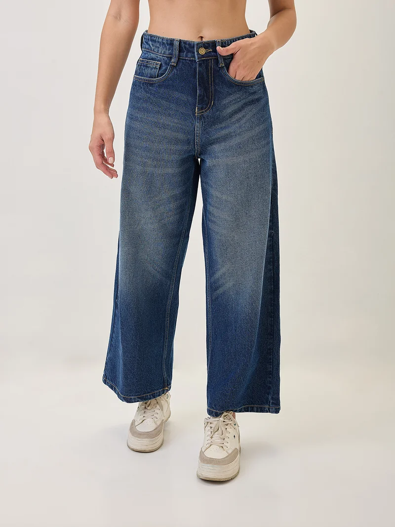 globus Women Cotton Whiskers Effect Mid-Rise Wide Leg Denim Jeans