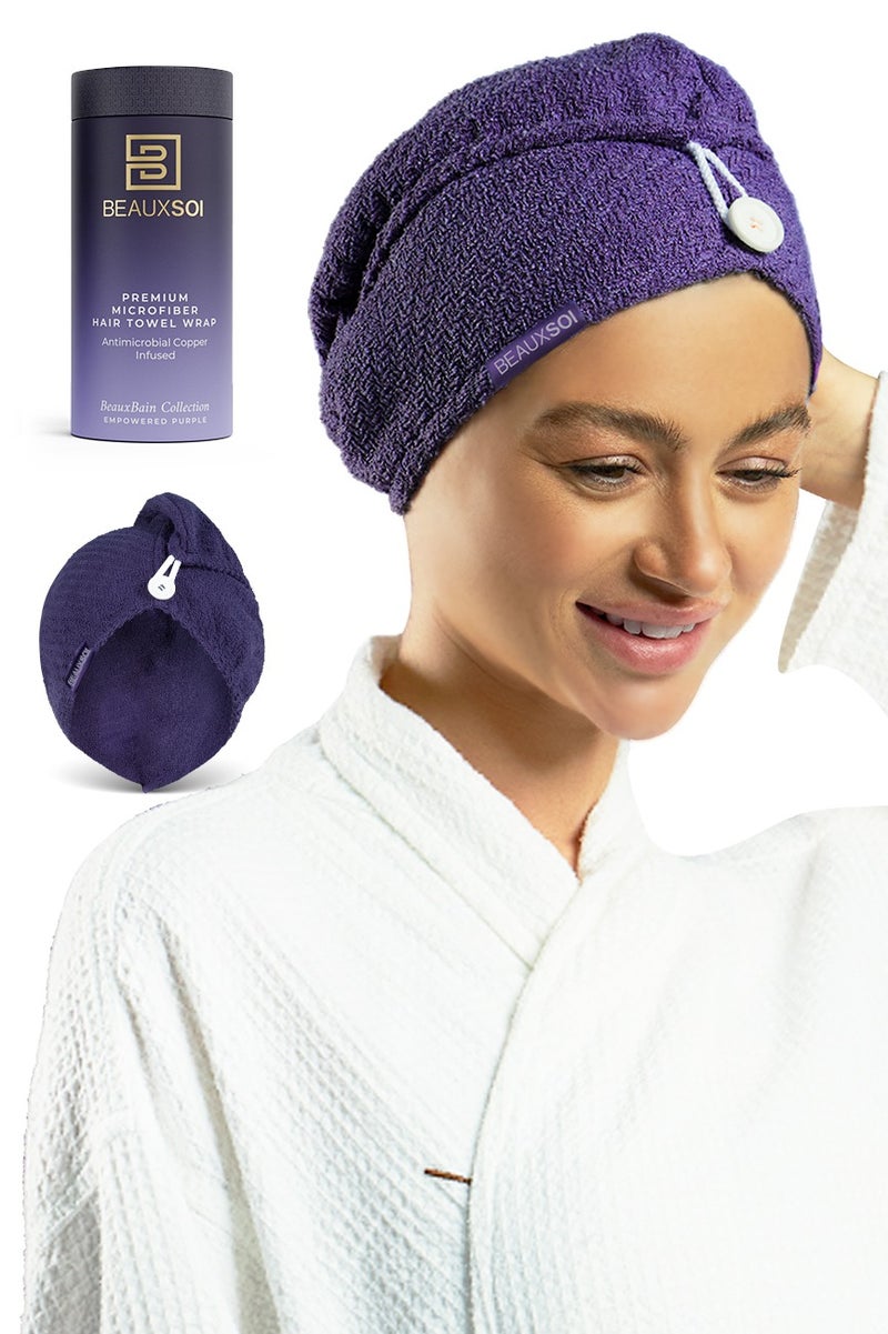 BEAUXSOI BEAUXSOI Copper Infused Hair Towel Wrap Quick Hair-Drying Absorbent Microfiber Towel, Bathrobe Hat, Magic Hair Drying Towel with Luxury Button Design, Anti Frizz, Quick Dry Towel (Empowered Purple) - Image 1