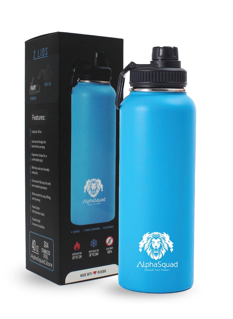 AlphaSquad - 40Oz / 1200Ml Vacuum Insulated Flask, Double Walled Thermolab Series Stainless Steel Sports Water Bottle With Straw Lid, 2 Lids Included, Hot Cold Thermos, Sports Bottle (Blue) - Image 1