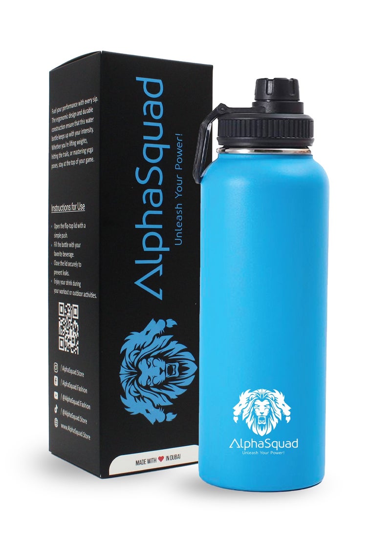 AlphaSquad - 40Oz / 1200Ml Vacuum Insulated Flask, Double Walled Thermolab Series Stainless Steel Sports Water Bottle With Straw Lid, 2 Lids Included, Hot Cold Thermos, Sports Bottle (Blue) - Image 1